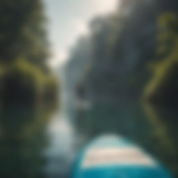 A serene landscape viewed from a paddle board