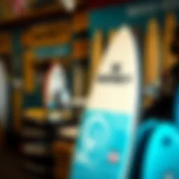 A Morey boogie board displayed in a surf shop setting, showcasing its design and features.