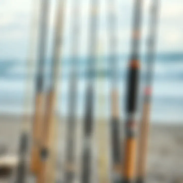 Showcasing various surf fishing rods on a sandy beach