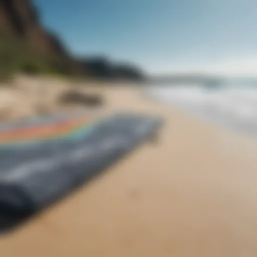 A sleek beach towel made from sustainable materials with surfboard graphics