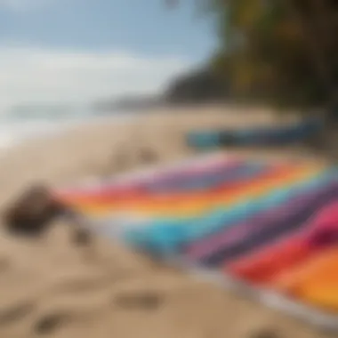 A colorful beach towel spread out on the sand with surfboards in the background