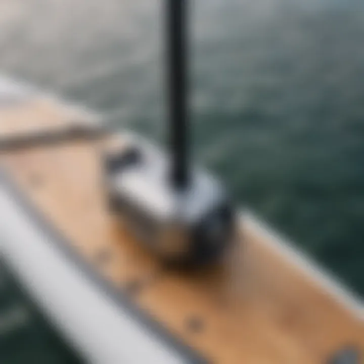 A close-up view of an electric motor integrated into a paddle board, emphasizing its innovative technology.