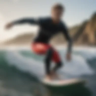 A surfer in action, showcasing functional surfwear in motion