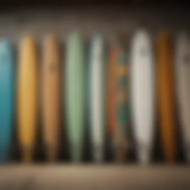 A collection of various inexpensive longboard surfboards arranged together.