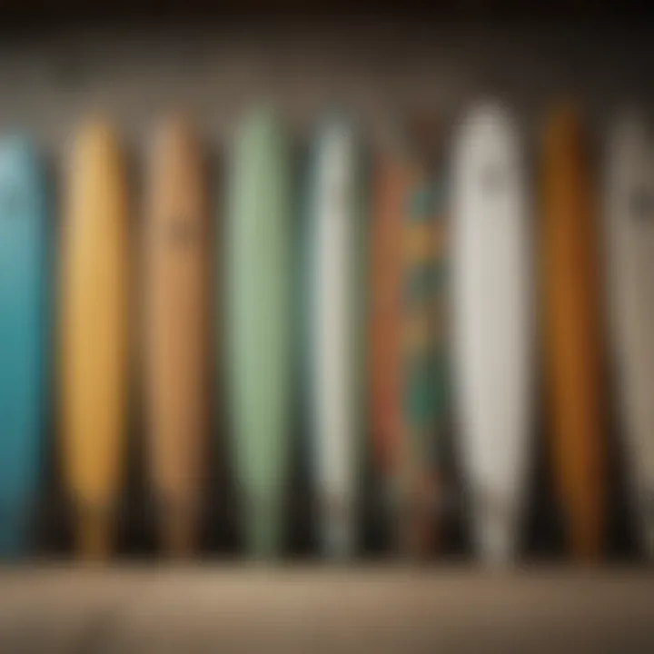 A collection of various inexpensive longboard surfboards arranged together.