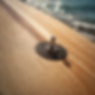 Close-up of a longboard surfboard, highlighting its features and craftsmanship.