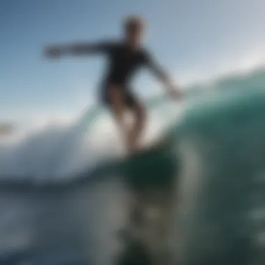 A surfer riding a wave on a longboard, emphasizing the surfing experience.