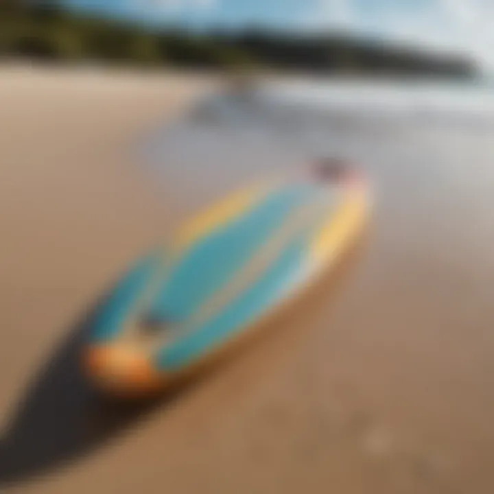 A vibrant longboard surfboard on the beach, showcasing its design and colors.