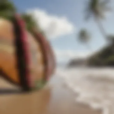 A scenic beach with surfers and leis as symbols of Hawaiian culture