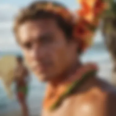 A close-up of a surfer wearing a traditional Hawaiian lei