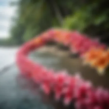 A vibrant display of Hawaiian leis made from various tropical flowers