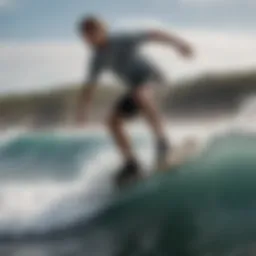 Dynamic action shot of a surfer riding a wave while wearing mid-top skate shoes