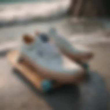 Stylish mid-top skate shoes displayed on a surfboard