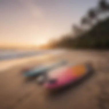 Surfboards Ready for the Evening Swell Surfboards lined up on a sandy beach during sunset