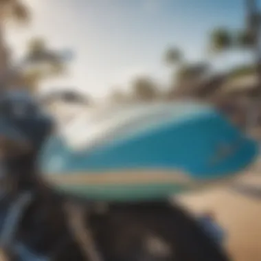 Close-up of surfboard mounted on a motorcycle