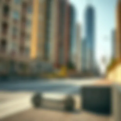 A sleek electric longboard gliding through an urban landscape