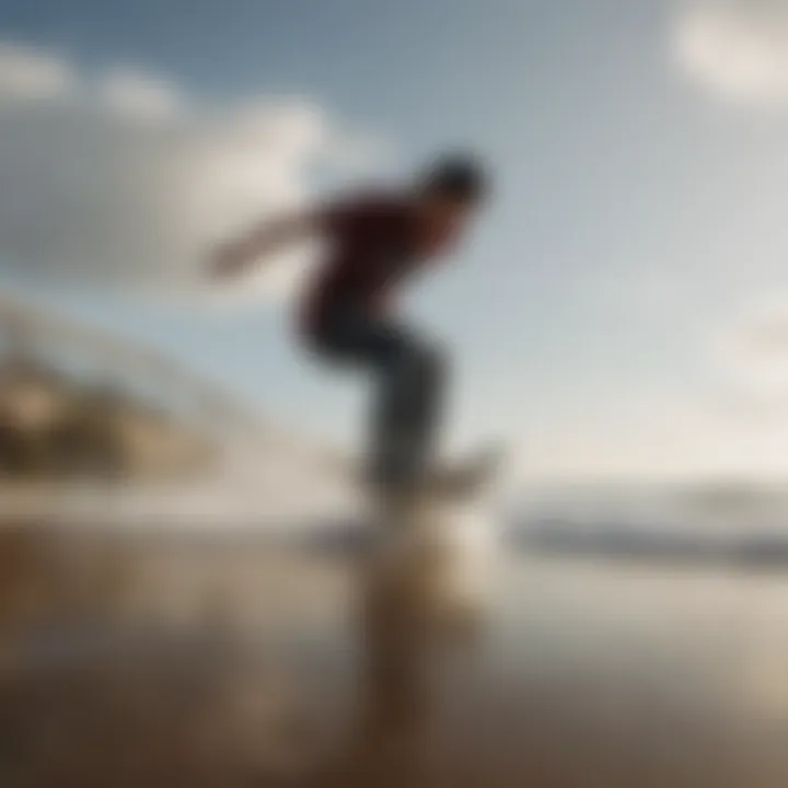 A skateboarder performing a trick on the beach, highlighting the fusion of skate culture and surf lifestyle