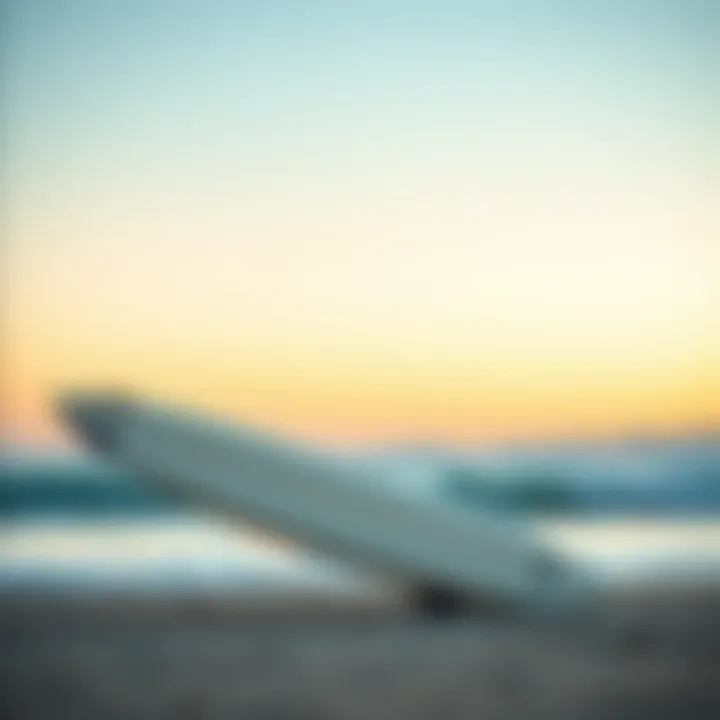 Side profile of a 7 foot foamie surfboard at the beach