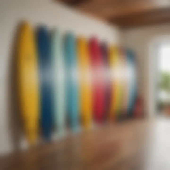 Colorful surfboard decoratively displayed on a wall mount in a stylish interior