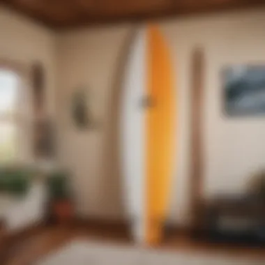 Close-up of a unique surfboard wall mount installation in a surf-themed room