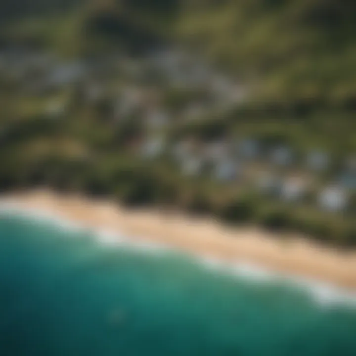 An aerial perspective of Haleiwa Alii Beach Park, highlighting its lush surroundings and surf spots.