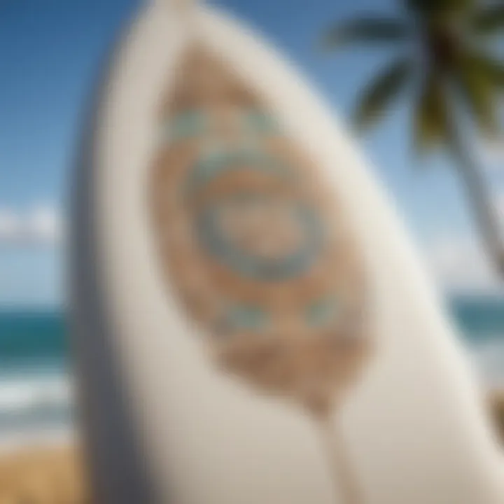 Close-up of a surfboard decorated with Hawaiian symbols