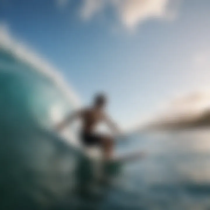 Surfer catching a wave with Hawaiian phrases in the background