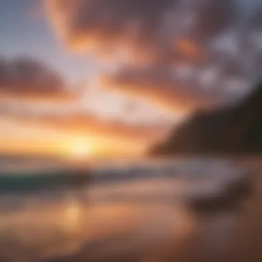 Stunning sunset over Hawaiian beach with surfers