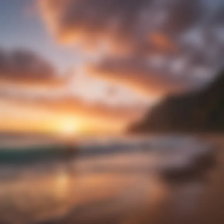 Stunning sunset over Hawaiian beach with surfers