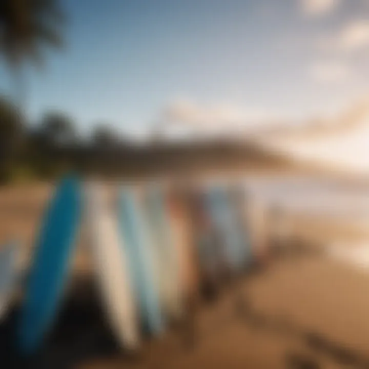 Surfboards lined up on the beach ready for an adventure