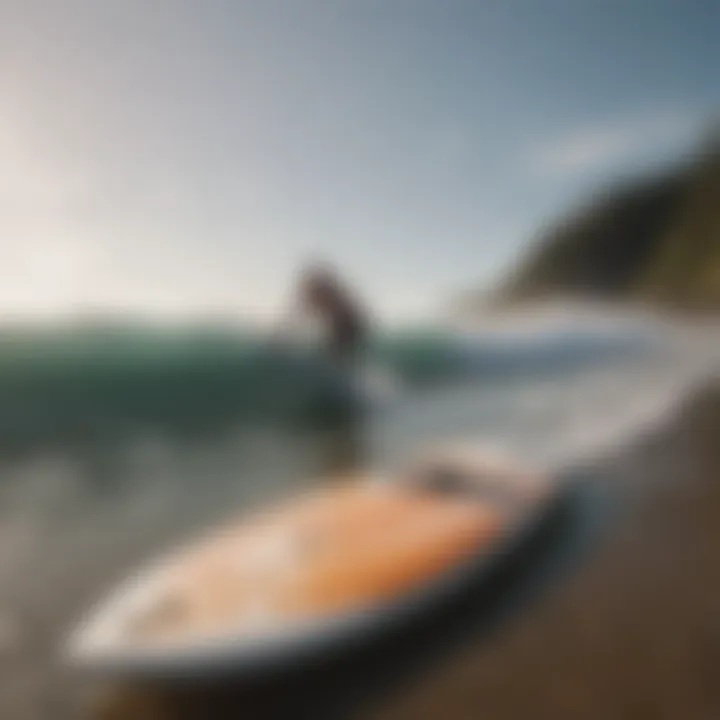 A scenic beach view with surfers using jet propulsion boards