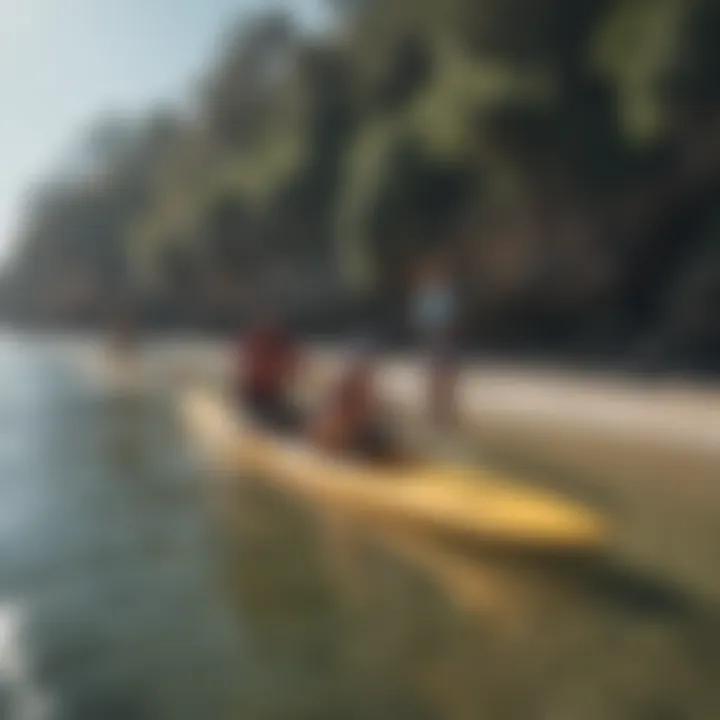 Group of enthusiasts practicing land paddling in a picturesque outdoor setting