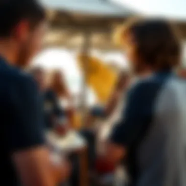 A vibrant surf camp atmosphere with surfers gathered and sharing stories