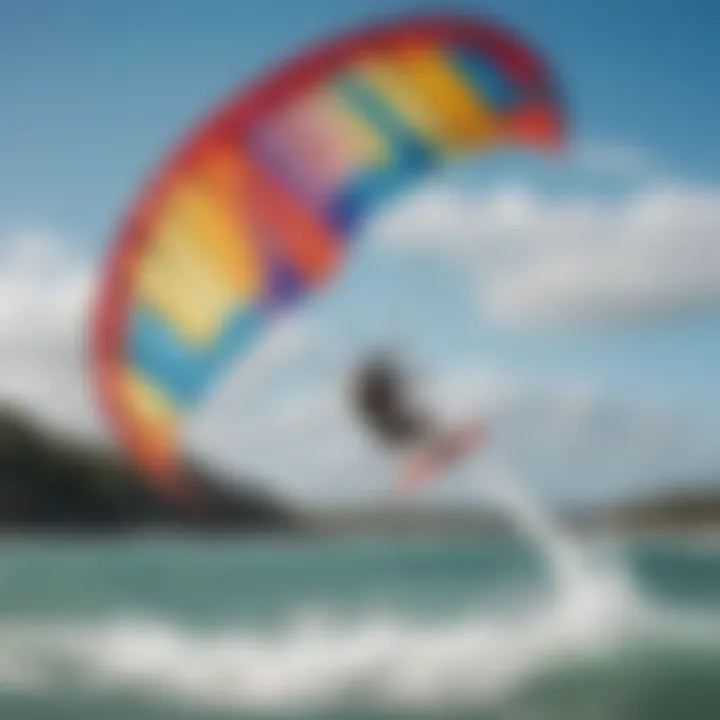 Kiteboarding in light winds with a colorful kite soaring above the water