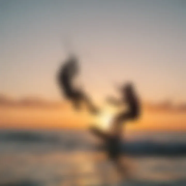 A breathtaking sunset view of kiteboarders riding in serene, calm waters