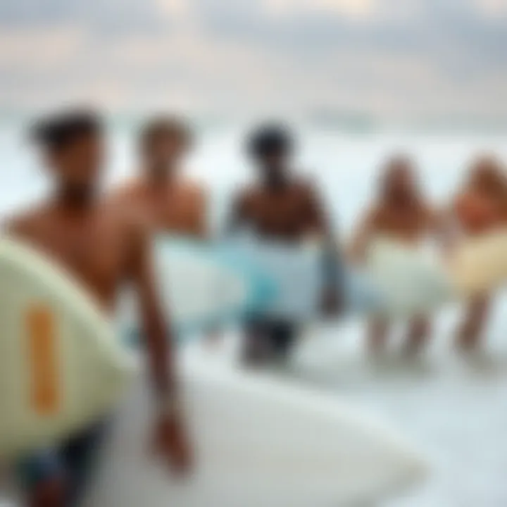 A diverse group of surfers enjoying a day at the beach