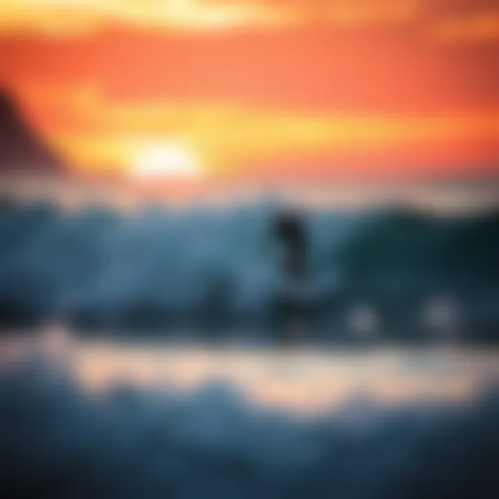 Surfer in Action at Dusk Surfer riding a wave against a vibrant sunset
