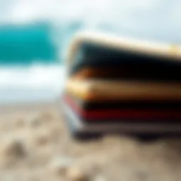 Cutaway view of a surfboard deck showcasing various material layers