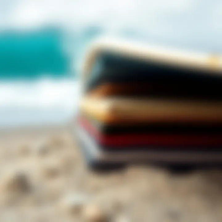 Cutaway View of Surfboard Deck Materials Cutaway view of a surfboard deck showcasing various material layers