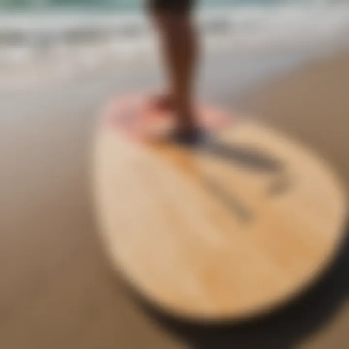 A close-up view of a Morey skim board showcasing its unique design and materials.