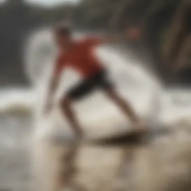 A Morey skim board in action at the beach, highlighting performance on the waves.