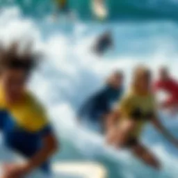 Dynamic surf scene featuring diverse individuals enjoying the waves