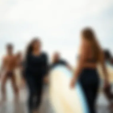 Celebrating Diversity: A Vibrant Surf Community Group of surfers with varied body types sharing a joyful moment on the beach