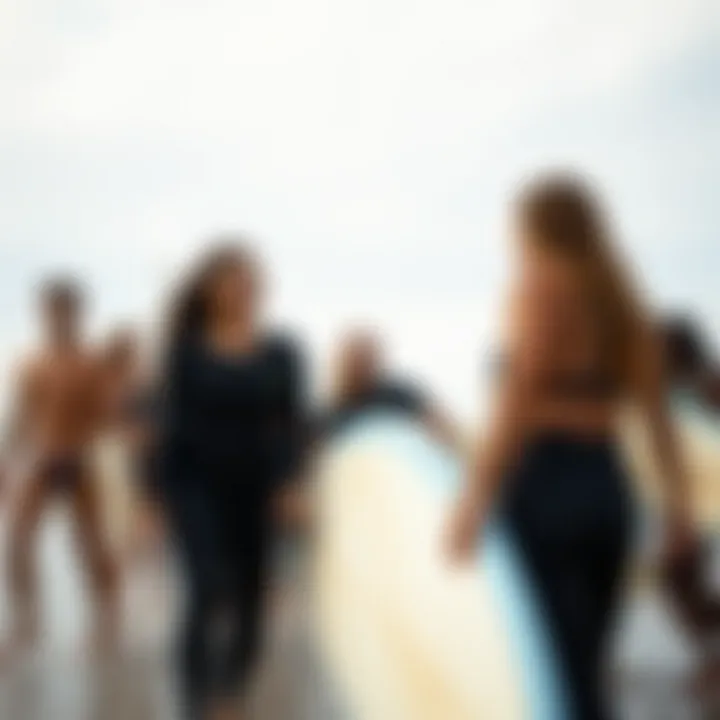 Celebrating Diversity: A Vibrant Surf Community Group of surfers with varied body types sharing a joyful moment on the beach