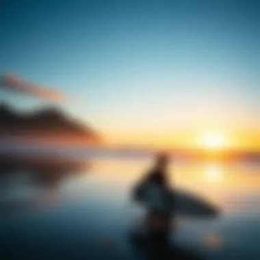 Surf Culture in New Zealand A vibrant surf scene on a picturesque New Zealand beach during sunset