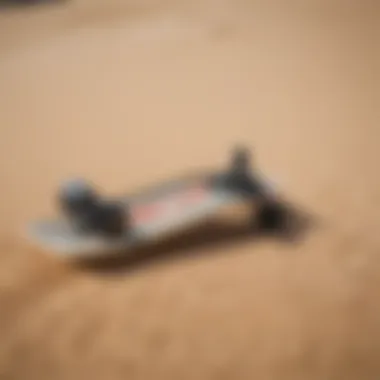 Essential sandboarding gear laid out on a sandy surface