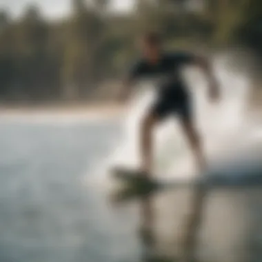 Action shot of a rider using a square skimboard on the water