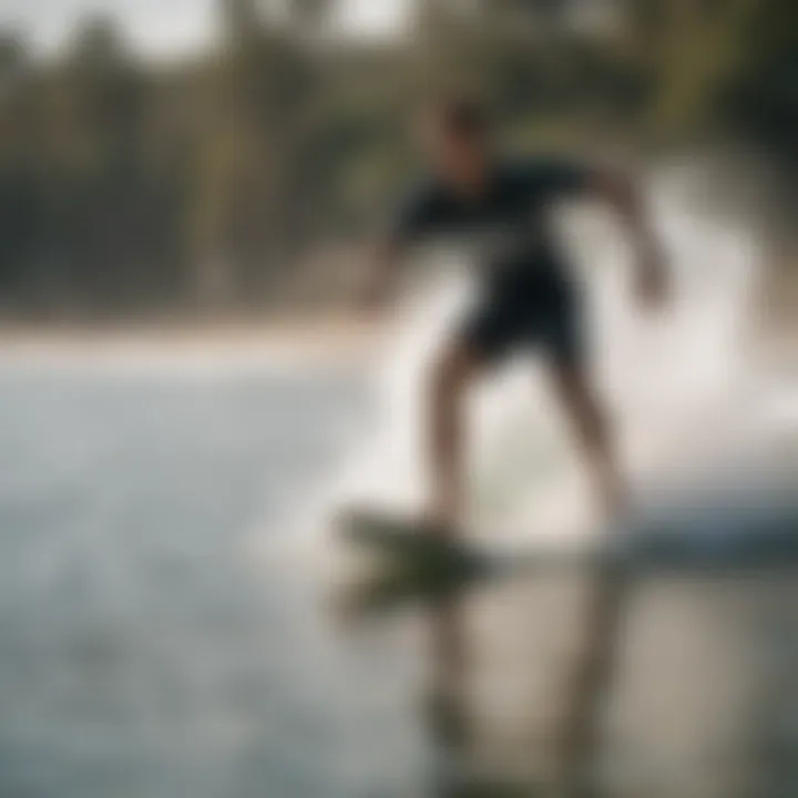 Action shot of a rider using a square skimboard on the water