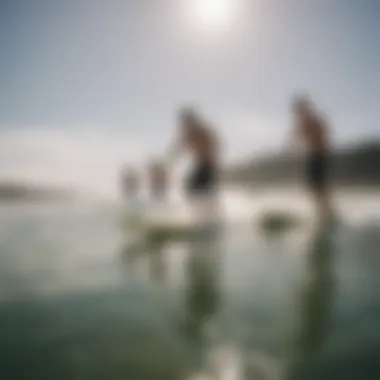 Group of surfers discussing techniques related to square skimboarding