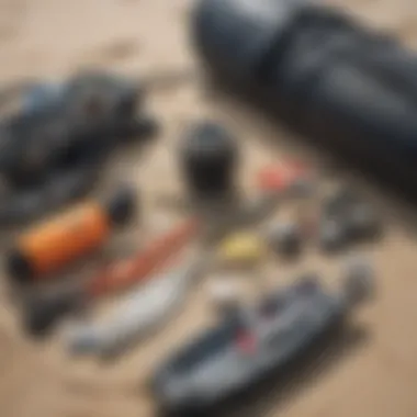 Fishing gear and equipment laid out on the beach